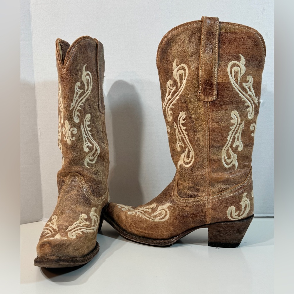 Brown Suede Embroidered Western Heeled Boots - Brand: